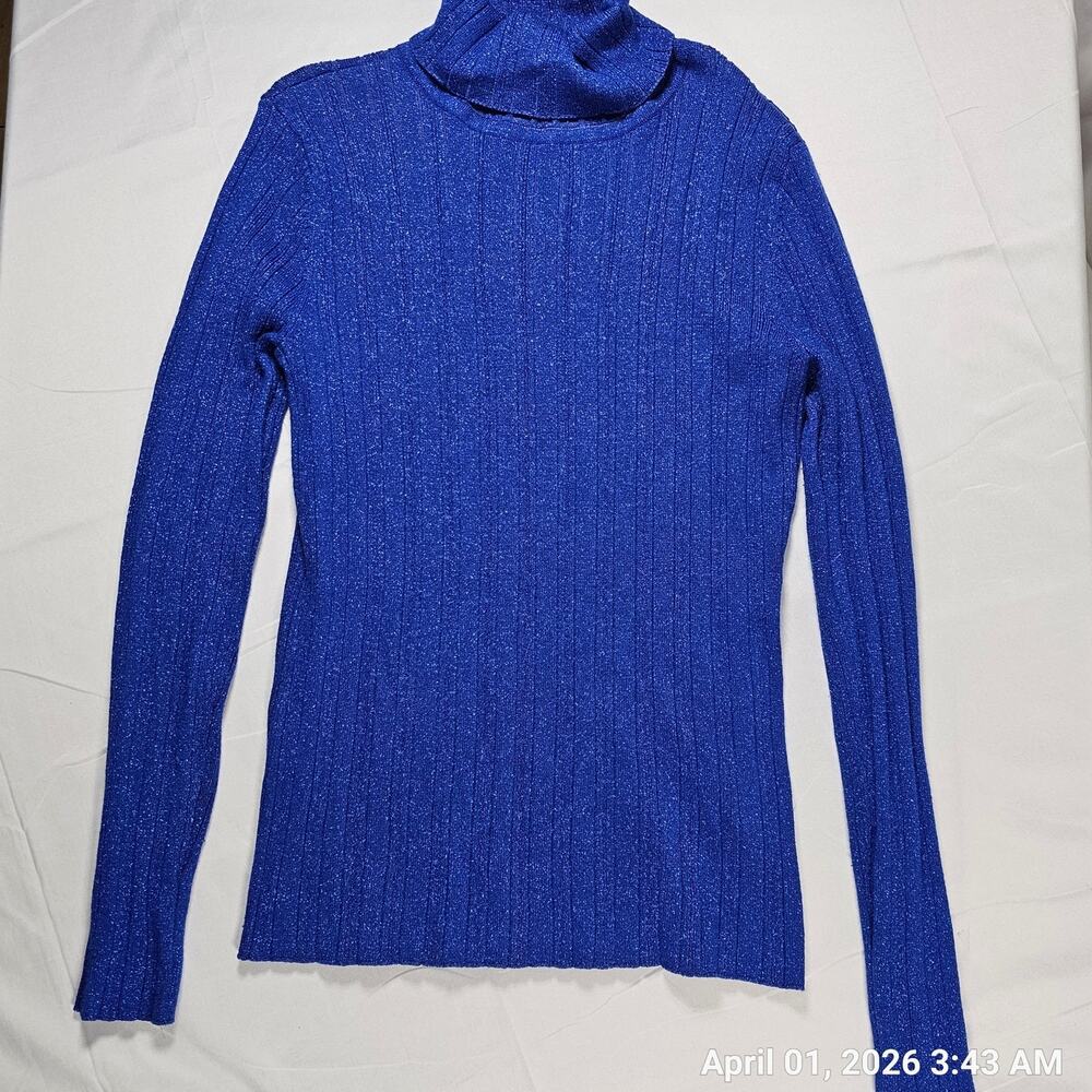 Cato Blue Metallic Shimmer Turtleneck Sweater Womens Large Ribbed Fitted Stretch